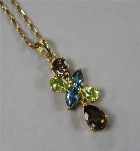 A modern 14ct gold and multi gem set drop pendant, on a 9ct gold chain, pendant 28mm.